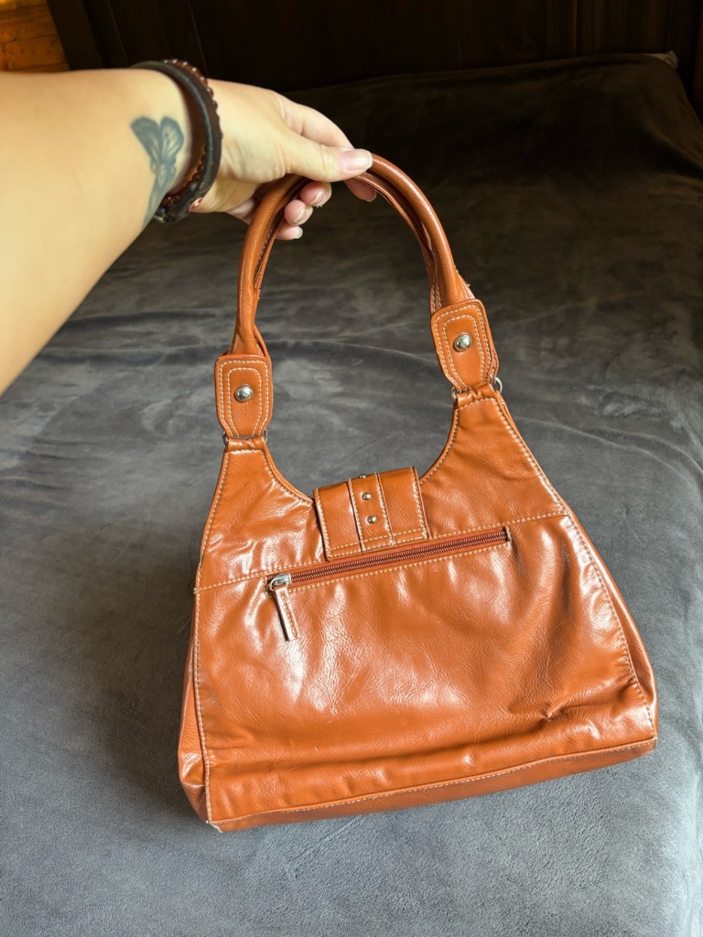 Women’s St John’s Bay Brown Faux Leather Studded Shoulder Bag, spotless inside - Picture 7 of 11